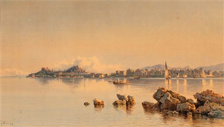 Panoramic view of the old fortress of Corfu and the walls of the old port