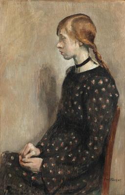 Portrait of a seated model in a dress and a black ribbon around her neck