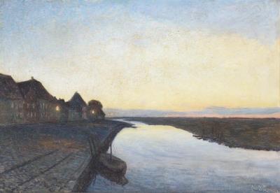 View from the town Ribe with sunset at the stream Ribe Å