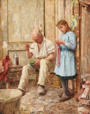 Street view with an elderly man and a girl