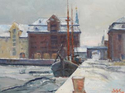 Winter scene from Christianshavn with the spire of Our Savior's Church in the background