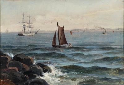 Sailingships and dinghies off a rocky coast, presumably Skotterup