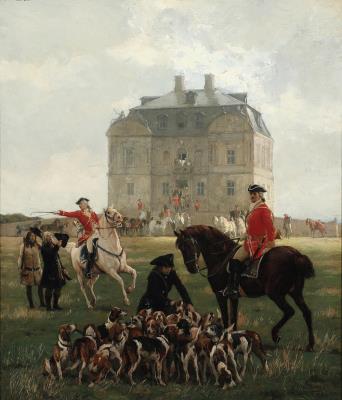 Hunt at the Hermitage Hunting Lodge (Parforcejagt i det 18. Aarh. Efter Frokosten paa Eremitagen skal Jagten begynden igen)