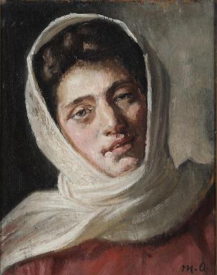 Portrait of a young woman in a red dress and a white scarf