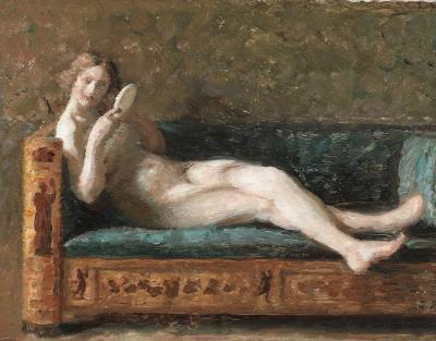 A nude on a green sofa looking at her reflection in a mirror