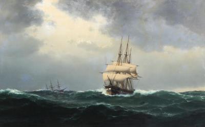 Three-masted frigate in stormy weather