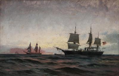 Seascape with a british sailing ship at sunrise