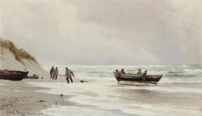 Fishermen and dinghies on the beach at Skagen