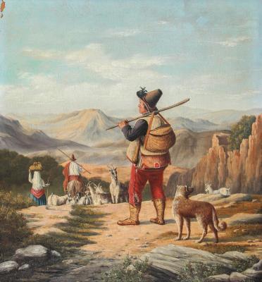 Mountain scenery with Italian shepherds, goats and dog