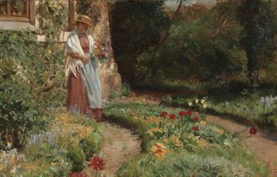 A young woman collecting flowers from a blooming garden (probably the garden behind 'Carlsberg' ('Fiskemesterhuset') in Hillerød, North Sealand)