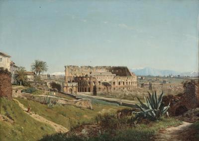 View from the Palatine Hill with a view towards the Colosseum and the Arch of Constantine, Rome by Godfred BW Christensen - Auction record, sale price, and art valuation. Compare with similar artists and explore comparable artworks.