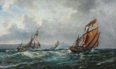A seascape with sailing ships near a coast. Presumably from the english canal.