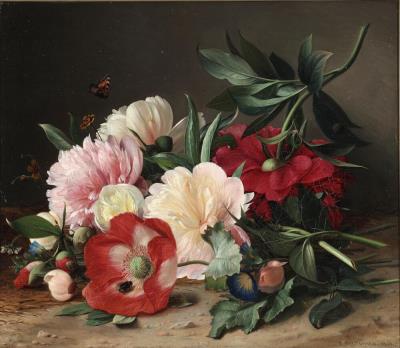 Insects swarming around peonies and poppies