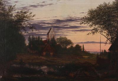 Landscape with a church, in the background view to a lake