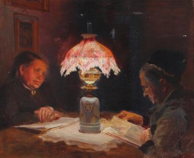 Interior with two women reading by the light of a petroleum lamp