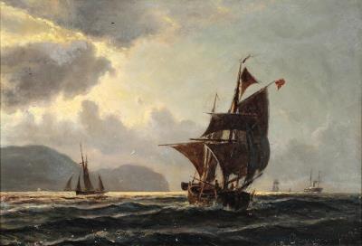 Sailing ships outside a coast