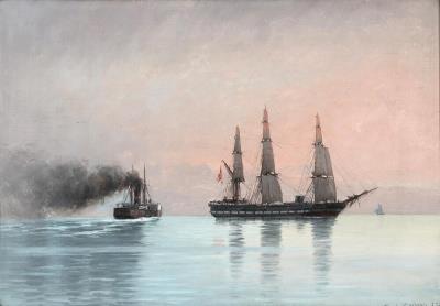 The frigate "Sjælland" and a steamer at sea