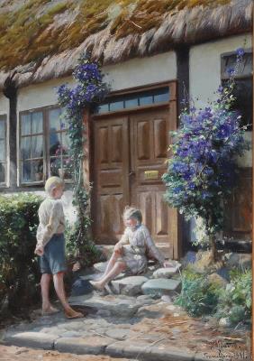 Scene from Tranbjerg with two children at the front door, 1931