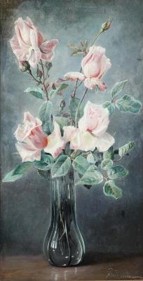 Still life with large pink roses in a glass vase