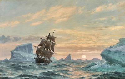 A sailing ship off Greenland in sunset