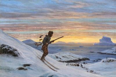 View from Greenland with a grouse hunter at sunset