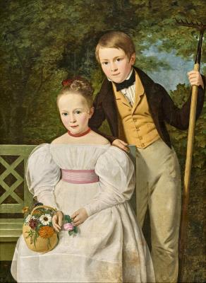 “Gruppe af tvende Börn i en have. Knæstykke i naturlig Störrelse”. Portrait of two children in a garden. Three-quarter length in natural size. by Louis Aumont - Auction record, sale price, and art valuation. Compare with similar artists and explore comparable artworks.