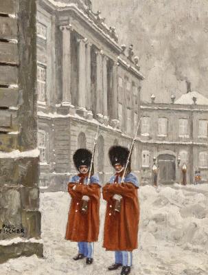 Two royal guardsmen on guard at Amalienborg Palace on a winter day