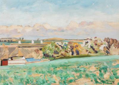 View over Kjærby Bakker with the artist's home Pilegaarden