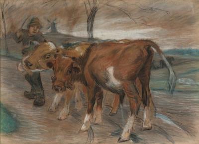 A farmer dragging two cows