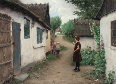 Three children watching a guest in the village