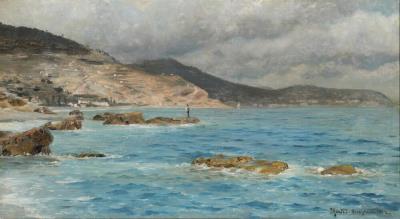 Coastal view from Bordighera, Italy, with a man fishing