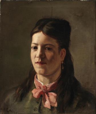 Portrait of a Young Woman in a Green Dress and a Pink Scarf