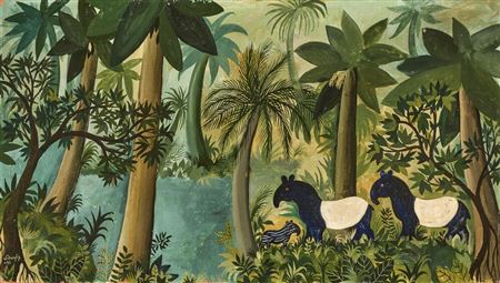 Tapirpar med unge ved skovsø