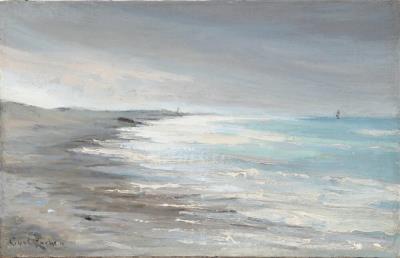 A view of a beach, presumably in Skagen, with the lighthouse in the distance