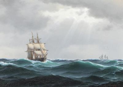 Seascape with sailing ship in grey weather