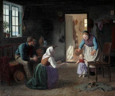 A family in a fisherman's cottage with the child taking its first steps