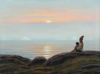 View from Greenland with a mother and child looking over the sea