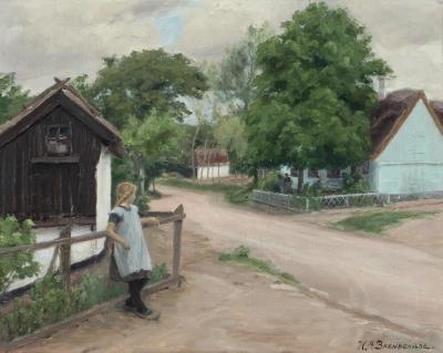 View from a small town with a girl leaning against a fence