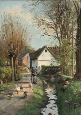 A sunny day with a woman gathering the geese