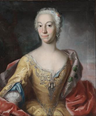 Portrait of a lady wearing a yellow dress and a red robe