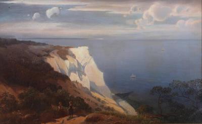 Scene from Møns Klint with a woman and a child in the foreground.
