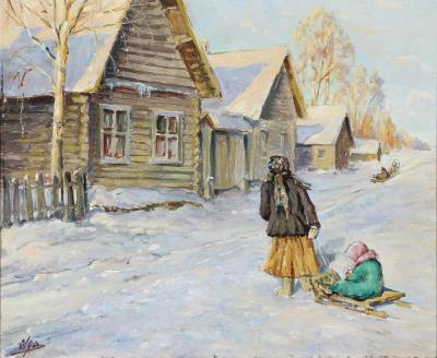 Sledging at a snowcovered village.