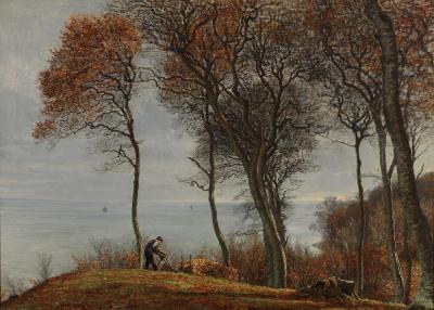 Landscape from Ørnereden (Aarhus) with a man sawing firewood