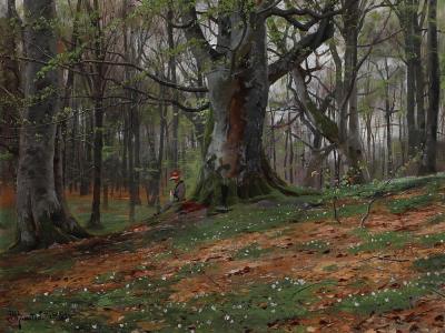 Spring forest with a woman seated under a tree, working on her needlework among blooming anemones.