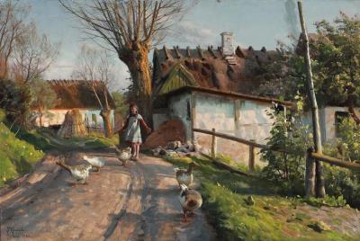A girl gathering the geese