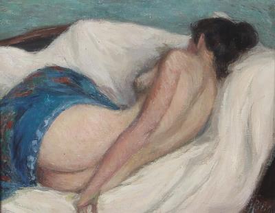A young nude woman on a bed