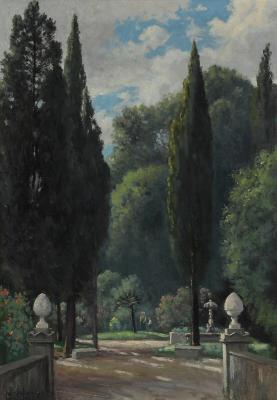 Parkscene with tall trees and a mother with child in the background, Napoli