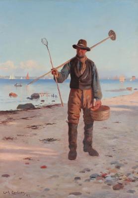 A walking fisherman on the beach