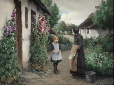 A summer day in the village with a little girl and an elderly woman.