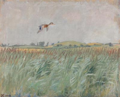 Landscape with a flying mallard